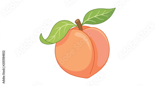 Bright Cartoon Peach with Green Leaves Against White Background, Colorful and Playful Illustration.