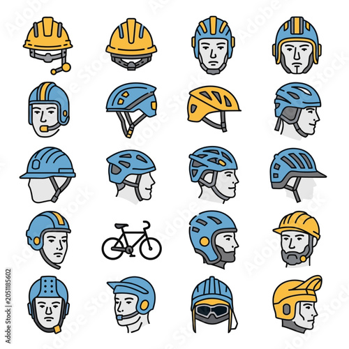 Collection of illustrated safety and bicycle helmet variants on white background