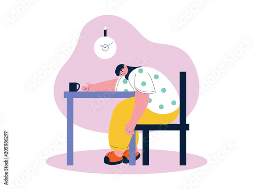 Schilderij op canvas A tired woman in polka-dot top and yellow pants slumps face-down on a table beside a mug, under a wall clock