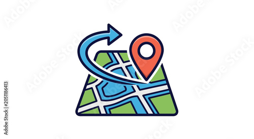 Colorful map with location pin and curved arrow icon illustration