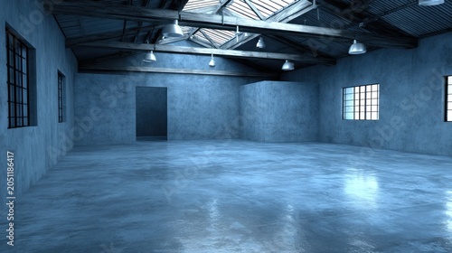 Empty industrial interior space features raw concrete surfaces and overhead lighting under a truss ceiling.