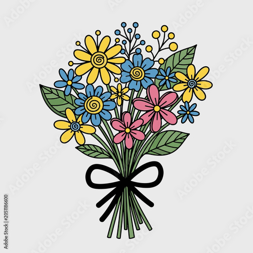 Colorful hand drawn floral bouquet with daisies and ribbon illustration