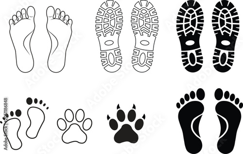 Bild auf Leinwand Footprint and paw track icons collection with barefoot shoe sole and wildlife tr