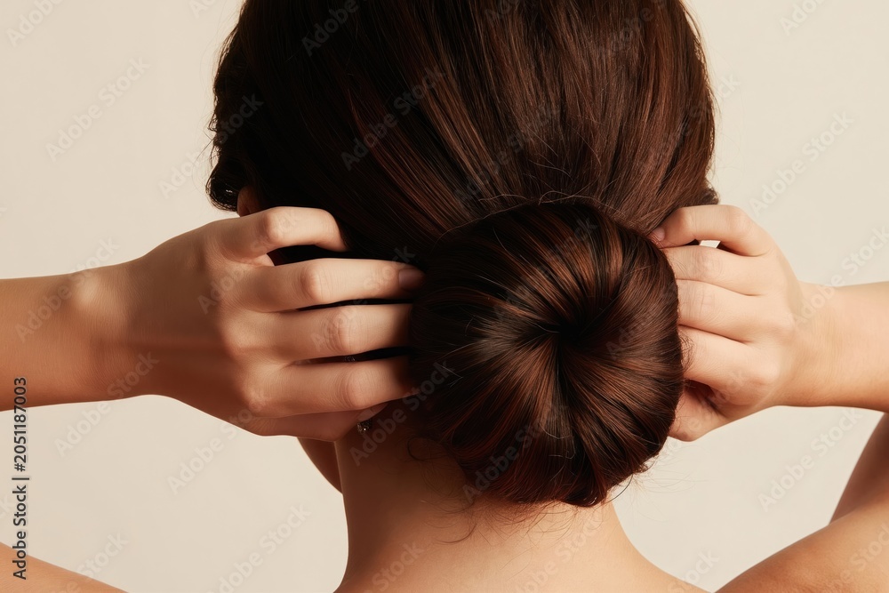 Fototapeta premium Woman with dark hair styles a neat bun. Her hands adjust the hairstyle carefully, creating a clean and elegant look. The studio shot focuses on her back and hands.
