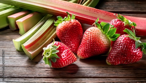 Ripe Strawberries And Fresh Rhubarb Stalks Highlighted On Textured Wooden Table