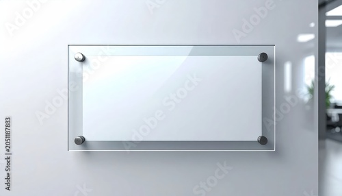 Modern Glass Signage Mounted on a White Wall in an Office Environment.
