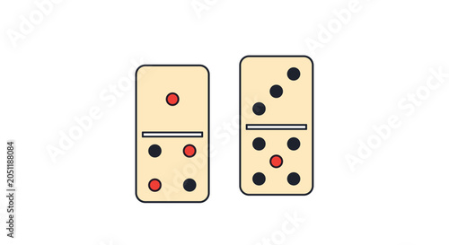 Two cream colored domino tiles with black and red dots showing different numeric values on a plain white background.