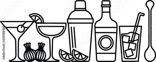 Foto Cocktail Bar Drink Icon Set Illustration, Beverage Glass Shaker Bottle Mixology