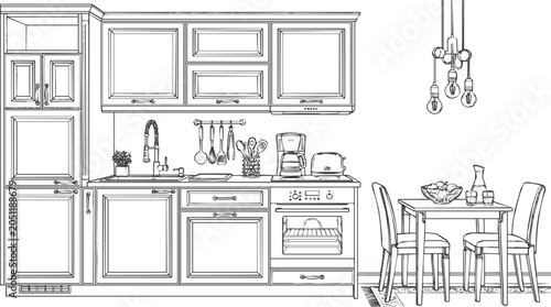 Hand-drawn kitchen interior sketch featuring wooden cabinets, stylish home furniture, and a modern design with appliances and dining table.