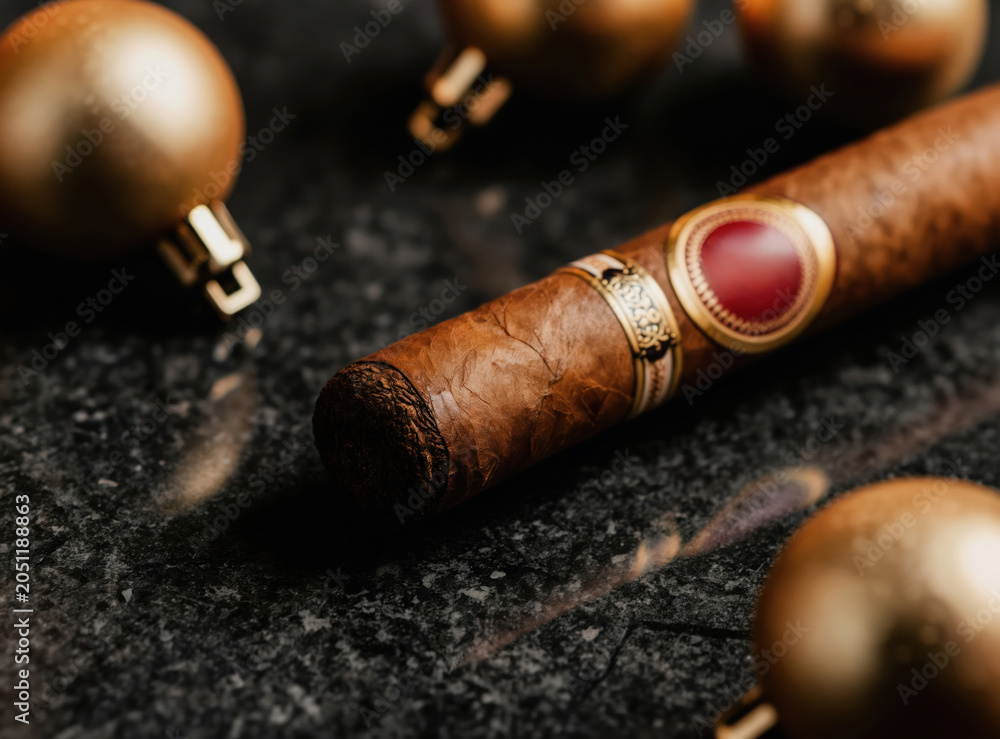Fototapeta premium Close-up view of a premium cigar resting on a dark marble surface, adorned with golden festive ornaments. Luxury gift for special occasions and holiday celebrations.
