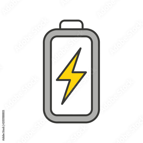 Battery icon with yellow lightning bolt on white background for charging concept