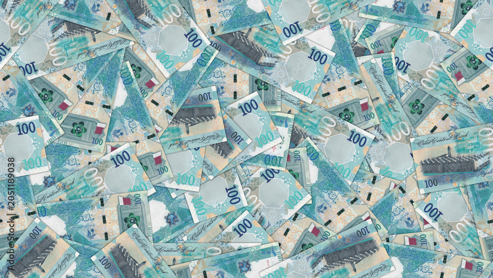 Fototapeta premium Seamless pattern. Financial illustration. Many scattered qatari 100 riyal banknotes. Obverse and reverse. Money of State of Qatar. Bills of one hundred riyals. Economic texture. Wallpaper background