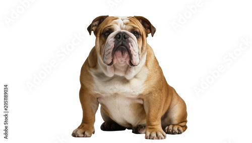 Fotografi English Bulldog sitting front view, fawn and white coat