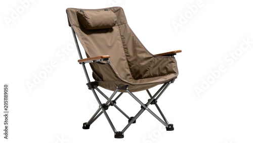Fotografie Brown canvas folding camping chair with wooden armrests and headrest