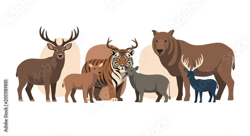 Diverse group of forest mammals in flat illustration style with warm earthy tones