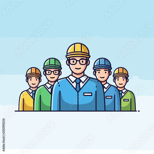Diverse team of construction workers and engineers in protective gear standing together