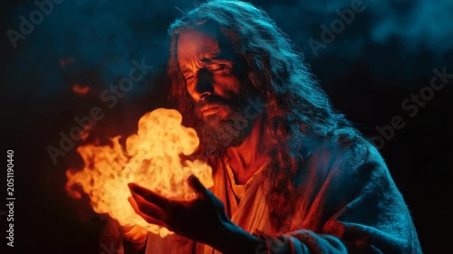 Jesus Christ holding a burning flame, symbolizing divine light, faith, hope, spiritual strength, and the eternal power of love and guidance.