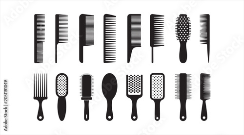 Minimalist hairbrush and comb icon set with grooming tools, hairstyling accessories and salon equipment symbols in black vector style