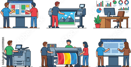 Bild auf Leinwand Printing and digital publishing workflow illustration featuring large format pri