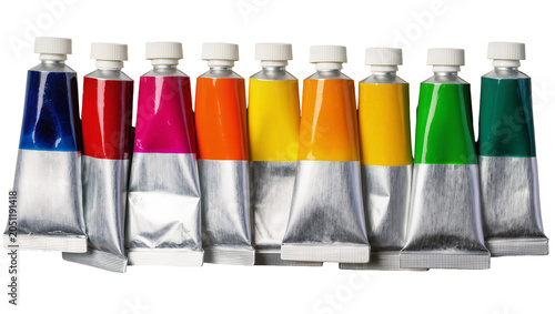 Assorted color paint tubes arranged in a row