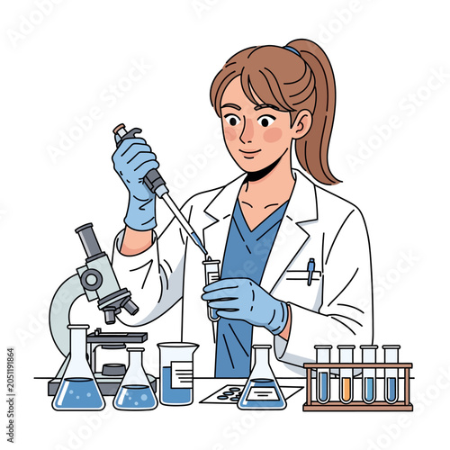 Female scientist conducting experiment with microscope and laboratory glassware