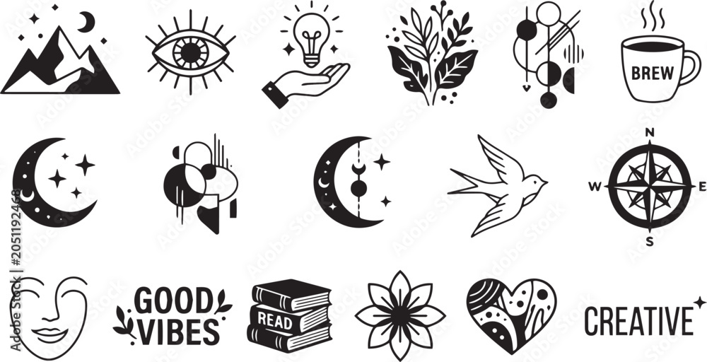 Fototapeta premium Boho elements and cozy line icons collection for magic moon coffee books and nature lovers