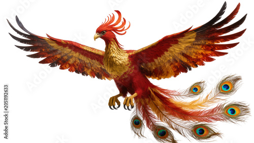 Photos Majestic phoenix bird with spread wings and ornate tail feathers