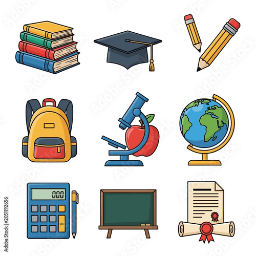 Flat design education and school supplies icons on white background vector illustration