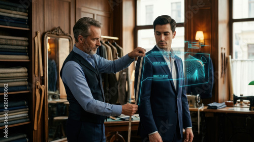 Tailor client measure suit digital fitting formalwear garment workshop technology tailor measuring client in suit with digital overlay during custom garment fitting inside warm workshop