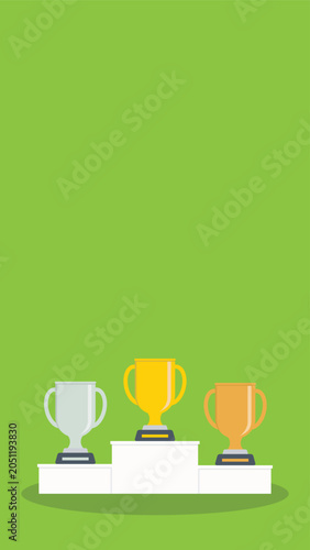 Podium winners. Gold, silver and bronze cups on podium. Vector illustration