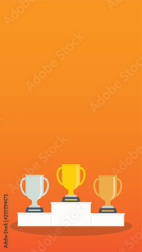 Podium winners. Gold, silver and bronze cups on podium. Vector illustration