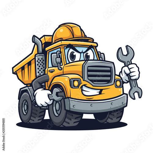Cartoon dump truck character holding a large wrench with an angry expression