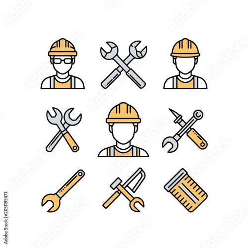 Flat line icons of construction workers and hand tools on a white background