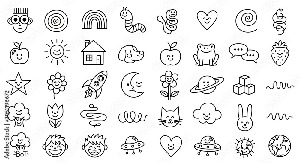 Fototapeta premium black and white line icons set, simple doodle style, emoticon and object symbols