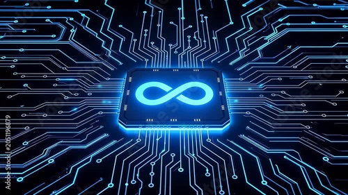 Blue glowing circuit board with infinity symbol