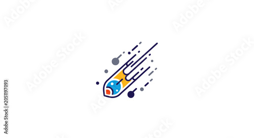 Colorful geometric spaceship illustration with motion lines and dots