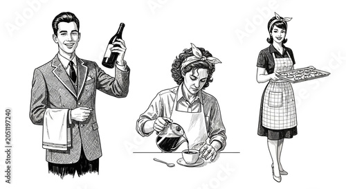 Vintage restaurant staff illustrations, waiter, waitress, chef, food service concept, black and white
