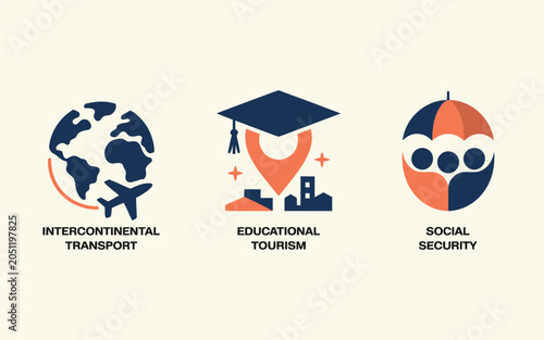 Cuadro en lienzo Set of icons for intercontinental transport educational tourism social security