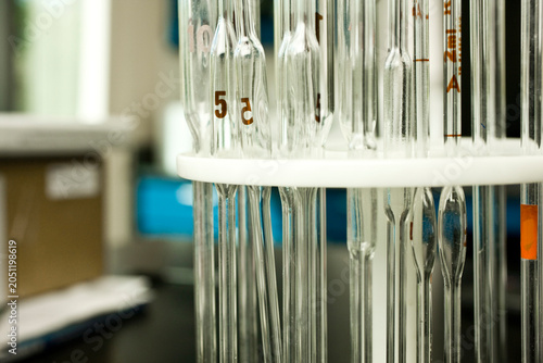 Glass beakers in laboratory, close-up