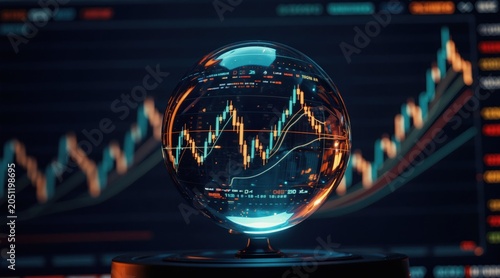 Crystal sphere shows stock market candlestick chart. Digital finance data and trading graph overlay background. Future economy forecast concept.