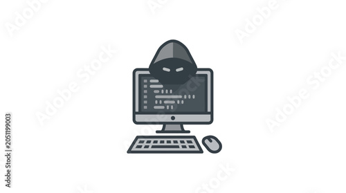 Hooded hacker figure behind computer monitor with programming code.