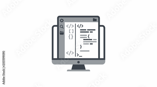 Web development environment with folders and code on monitor.