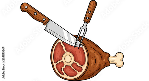 Cuadro en lienzo Raw ham hock with knife and fork, meat cutlery, food illustration
