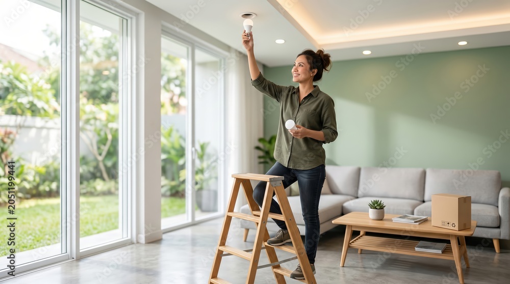 Fototapeta premium Happy woman replacing ceiling light bulb on ladder at home