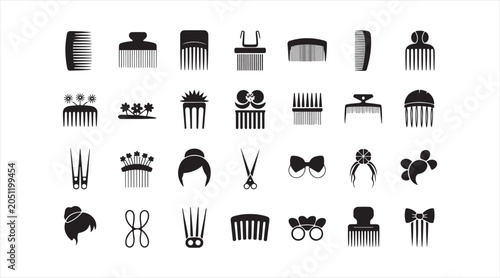 Modern hair styling symbol pack with combs, headbands, barrettes and fashion accessory icons in minimalist black vector design