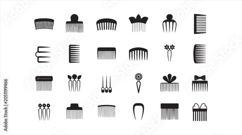 Beauty salon collection featuring hair accessories, decorative clips and hairstyling vector pictograms isolated on white background