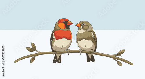 Two birds perched on a branch cartoon illustration against a plain background