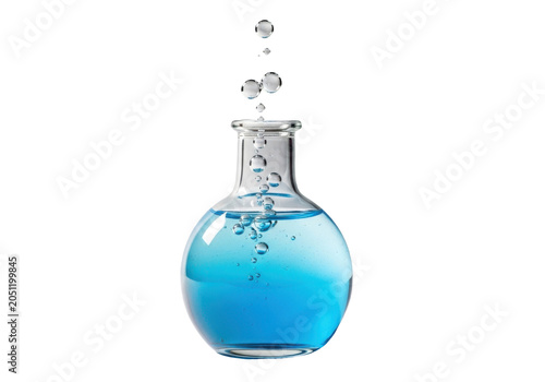 Glass flask with blue liquid and bubbles isolated on transparent background