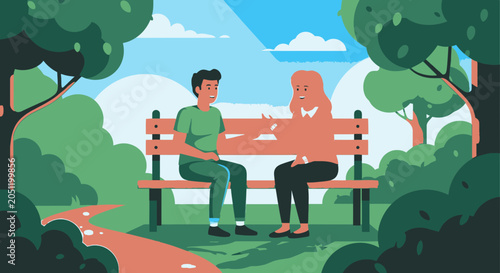 Two people talking on a park bench surrounded by green trees and foliage