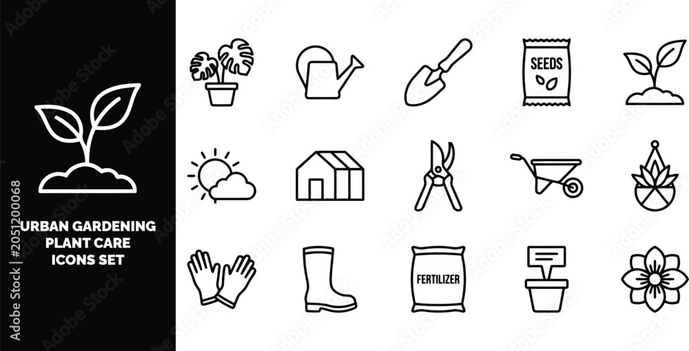 Naklejka premium Urban gardening and plant care set, black and white linear of gardening tools, plants, and equipment